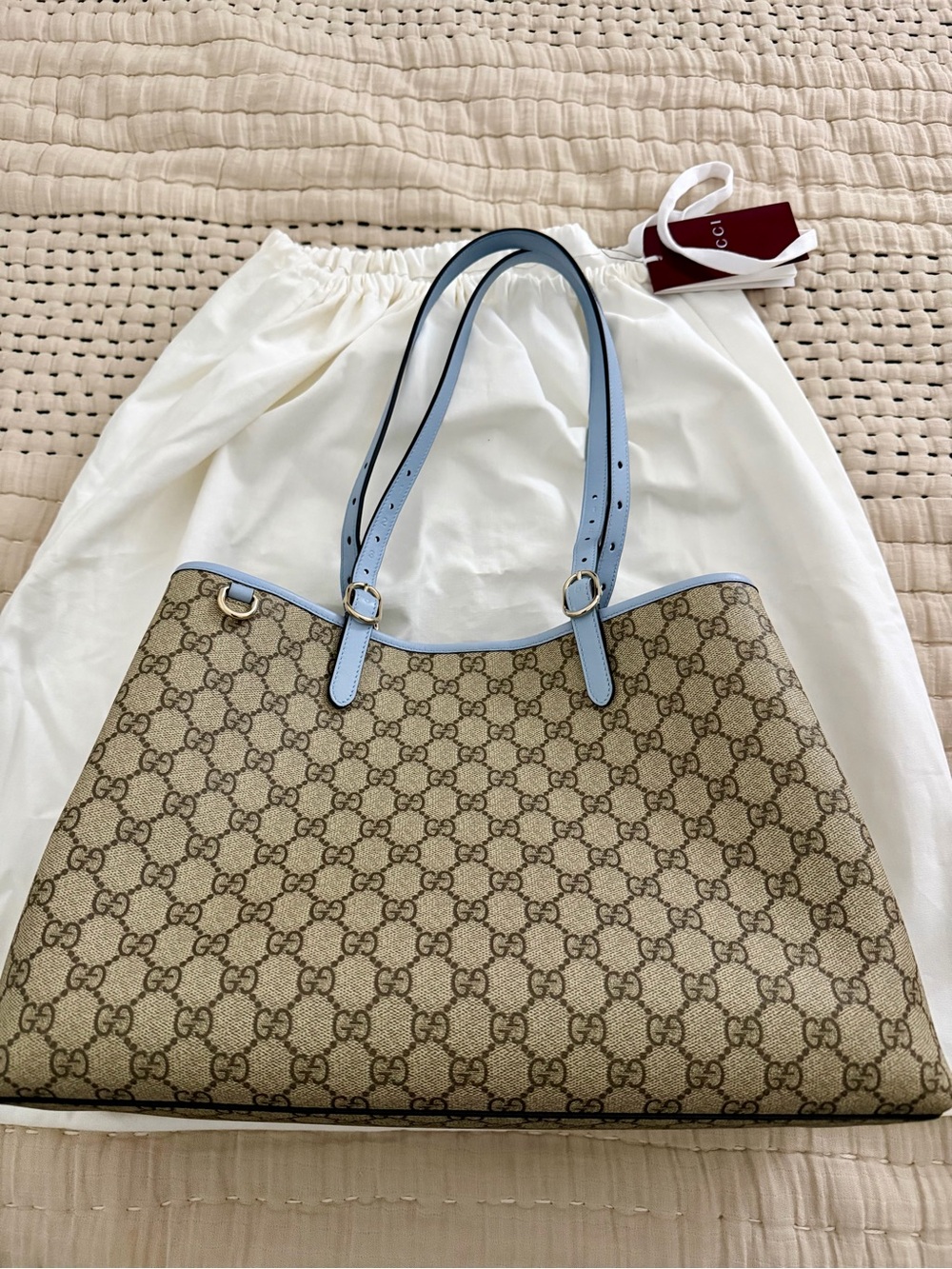 Gucci Beige GG Supreme Tote with Light Blue Leather Straps